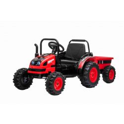 Otroški traktor na akumulator POWER s prikolico, rdeč - pogon na zadnja kolesa, 12V baterija, plastična kolesa, širok sedež, daljinski upravljalnik 2,4 GHz, enosed, MP3 predvajalnik, LED luči