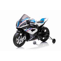 Otroški motor na akumulator BMW HP4 RACE 12V - bel, originalna licenca, 12V akumulator, EVA mehka kolesa, 2 x 35 W motorji, vzmeti, kovinsko ogrodje, kovinske vilice, pomožna kolesa