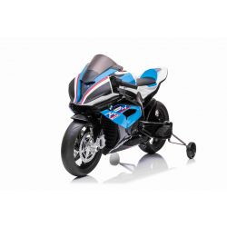 Otroški motor na akumulator BMW HP4 RACE 12V - moder, originalna licenca, 12V akumulator, EVA mehka kolesa, 2 x 35 W motorji, vzmeti, kovinsko ogrodje, kovinske vilice, pomožna kolesa