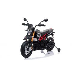 Otroški električni motocikel APRILIA DORSODURO 900, črn - originalna licenca, 12 V, mehka EVA kolesa, motor 2 x 18 W, 12V baterija, vzmetI, kovinski okvir, kovinske vilice, pomožna kolesa