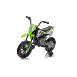 Električni motocikel MOTOCROSS, zelen, 12V baterija, EVA mehka kolesa, usnjen sedež, 2 x 25W motor, vzmetenje, kovinski okvir, MP3 predvajalnik z Bluetoothom, pomožna kolesa