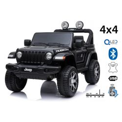 Električni avtomobilček JEEP Wrangler, Dvosed, črn, Usnjeni sedeži, Radio z Bluetooth predvajalnikom, SD/USB vhod, 4x4 pogon, 12V10Ah baterija, EVA kolesa, Vzmetene osi, 2,4 GHz daljinski upravljalnik