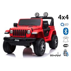 Električni avtomobilček JEEP Wrangler, Dvosed, rdeč, Usnjeni sedeži, Radio z Bluetooth predvajalnikom, SD/USB vhod, 4x4 pogon, 12V10Ah baterija, EVA kolesa, Vzmetene osi, 2,4 GHz daljinski upravljalnik